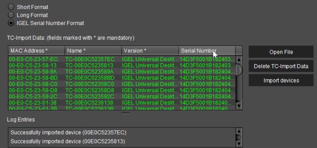 Import Devices - IGEL Serial Number Format